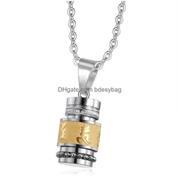 Charms 652F Stainless Steel Buddhism Six Words Rotatable Necklace Women Men Mantra Prayer Wheel Bottle Urn Pendant Drop Delive Dhezr