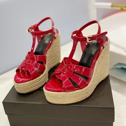 Hemp rope slope heel sandals platform Straw woven wedge ankle strap chunky heels block Heel Patent Leather Red wedding shoes dress shoe Women Luxury Designers Sandal