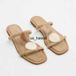 Chaussures habillées 2022 Femme TRAF Beige Sandales Plates Vintage Bout Carré Perlé Décoration Pantoufle Femmes Casual Slingbacks Plage Appartements Été Nouveau T230208