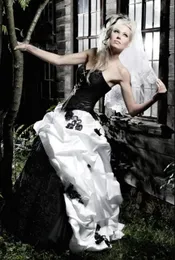 Vintage Siyah Beyaz Gotik A-Line Gelinlik Victoria Dantelli Korse Söndürülebilir Etek 2 Arada 1 Masquerade Gelinlik