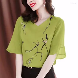 Women's Blouses Blouse Female 2023 Summer Loose V -neck Five -point Sleeve Chiffon Design Sense Casual Printed Top