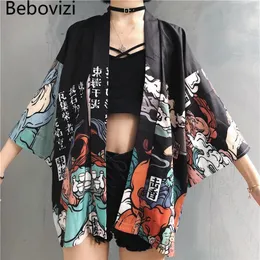 일본어 스타일 인쇄 블랙 기모노 유카타 여성 카디건 오비 여름 코스프레 셔츠 블라우스 여성 아시아 의류 267L