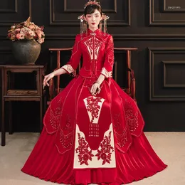 Etnisk kläder kinesisk stil bröllopsklänning handgjorda pärlor marrige set utsökta broderier cheongsam orientalisk brud kostym äktenskap gåva