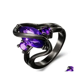 With Side Stones Black Gold Rings Fashion Elegant Purple Horse Eye Zircon For Women Men Simple Personality Charm Ring Gift Party Fri Dhalw