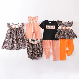 Kläderuppsättningar Exklusiva Girlymax Sibling Fall Baby Girls Boys Leopard Pumpkin Pants Set Ruffles Romper Smocked Dress Kids Boutique 230207