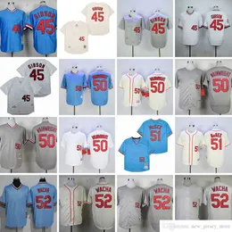 Film Vintage 45 Bob Gibson Baseball-Trikots genäht 50 Adam Wainwright 52 Michael Wacha 51 Willie McGee 1964 Creme 1967 Grau-weißer Pullover