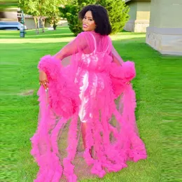 Abiti casual Fucsia Tulle Maniche lunghe da donna Ruffles Abiti premaman Illusion Pink Black Girls Birthday Dress Robe