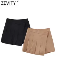 Women's Shorts ZEVITY Women Fashion Solid Color Wide Press Pleated Asymmetrical Skirts Lady Side Zipper Chic Pantalone Cortos QUN3300 Y2302