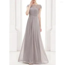 Casual klänningar Elegant Slim Spets Long Grey Party Dress Wedding Bridesmaids Maxi Vintage Short Sleeve Chiffon Summer