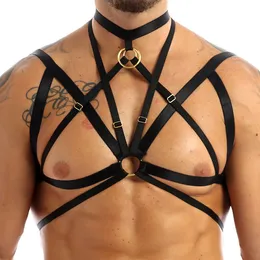 Zestawy biustonoszy TiaoBug mężczyźni Halter elastyczne ciało seksowna uprząż na klatkę piersiową metalowy o-ring w klatce krótkie bluzki męskie bielizna gejowska Punk Gothic Rave Clubwear