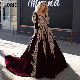 Party Dresses Lorie Ball Gown Formal Bourgogne Evening Gold Lace Appliqued Dubai Arabic Celebrity V Neck Long Sleeve Pageant Prom Gowns 230208