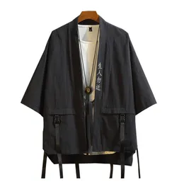 Men's Jackets Streetwear Men Letters Floral Embroidery Black Jacket Drop Shoulder Mens Kimono Coat With Buckle Strap RibbonsMen's
