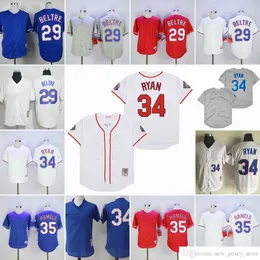 Film Vintage 29 Adrian Beltre Baseballtröjor Sömda 34 Nolan Ryan 35 Cole Hamels Cream Grey White Blue Red Blank Pullover