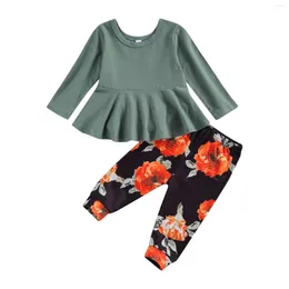 Ensembles de vêtements Pudcoco Born Baby Girls 2 pièces tenue costume à manches longues couleur unie haut imprimé fleuri pantalon ensemble pour 0-24 mois enfants