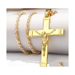 24Kゴールドメッキイエス・キリストクロスペンダントネックレス - 男性用のヒップホップスタイルキューバチェーンゴールデン十字架骨宝石