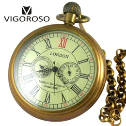 Pocket Watches VIGOROSO Collectible Antique Old Copper Mechanical Pocket Watch FOB Chain Hand Winding Roman numerals 12/24 Hours Vintage Clock 230208