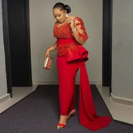 Sukienki imprezowe Arabskie Aso Ebi Ebi Red Red Lace Applique Sheer Long Rleeves Pochwa wieczorowe Suknie Siez Kobiet Sukienkę 230208