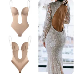 Midja och buken formade bodysuit djup v hals kropp shaper backless thong shapers tränare kvinnor remm vadderad push up corset 0719