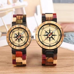 Avogadores de pulso amantes assistir presentes de casal Creative Mixed Color Compass Design Wood Wood Male Masculino Full Wooden Bangle Quartz Analog Wristwatch