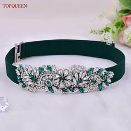 Cinture Topqueen S22 Donne di moda Shiny Shiny Dark Green Elastico Cintura Rhinestone Girle Abito Stretch Bridal Wedding Accessorio Wedding Welband G230207