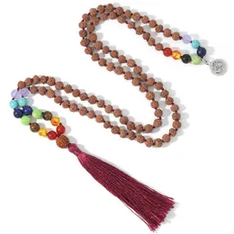 펜던트 목걸이 108 오리지널 Rudraksha bed knownted 7 Chakras Mala Necklace Meditation Yoga Prayer Rosary와 Om Pendant Tassel Jewelry G230206