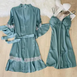 Vestido de retalhos de renda de cetim feminino Vestido de banheira 2pcs Kimono Robe Set Women Casual Summer Home Clothing Lingerie íntima