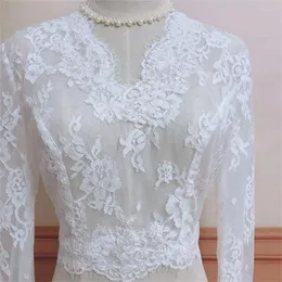 Wraps High Quality White Wedding Jacket Lace V Neck Button Back Bridal Cape Long Sleeves Bride Bolero Cloak