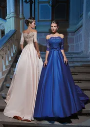 Party Dresses Royal Blue Evening 2023 Off Shoulder 34 Three Quarter Sleeves Satin Lace Applique Prom Gown Formal Occasion 230208