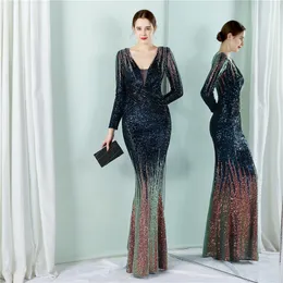 Party Dresses YIDINGZS Stretch Navy Sequined Maxi Full Sleeve V Neck Mermaid Evening Night Long Prom 19037 230208