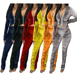 Women's Tracksuits Winter Velvet Stacked Set Zipper Hoodies Ruched Pants Sport Tracksuit Two Piece Outfit Active Sweatsuit 230208