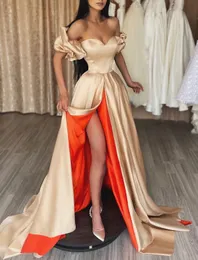 Champagne A-LINE Long Evening Dress Sexy Off Hoster Balloon Sleeve High Satin Celebrity Prom Party Barty Robe de Soiree 2023