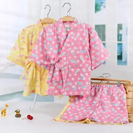 Ethnic Clothing Summer Pure Cotton Yukata Children's Kimono Cartoon Japanese Style Short Sleeve Household Clothes Girls' Pajamas Set