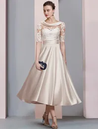 A-Linie Kleid für die Brautmutter, Hochzeitsgast, Partykleid, Vintage, elegant, U-Ausschnitt, Teelänge, Satin, Spitze, halbe Ärmel, Champagner