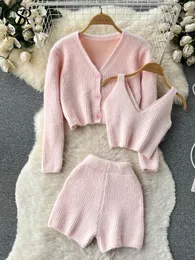 Womens Tracksuits SINGREINY Fashion Solid Women Knit Suits Single Breasted V Neck CardiganMini CamisSlim Short Pants Sweater Three Piece Sets 230208