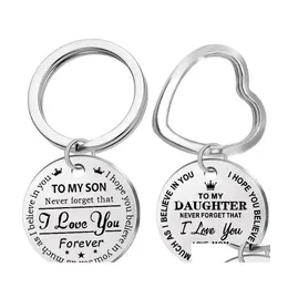Anéis -chave Personalizados para meu filho Chaveiro de aço inoxidável Filha gravada Love Mom Keyring Heart Charm Pingente Drop Deliver