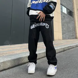 Men s Pants Y2K Fashion Black Korean Streetwear Letter Print Low Rise Baggy Jeans Trousers Straight Hip Hop Denim Male Clothes 230207