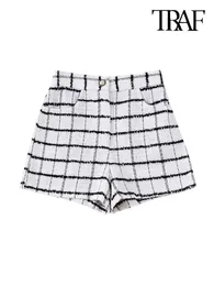 Frauen Shorts ONKOGENE Frauen Mode Front Taschen Tweed Plaid Vintage Hohe Taille Zipper Fly Weiblichen Kurzen Hosen Mujer Y2302