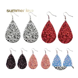 Lustre de lustre 18 cores Classic Glitter Teardrop PU Brincos de couro para mulheres J￳ias personalizadas Big Long Declara￧￣o Wholesa DHZJB