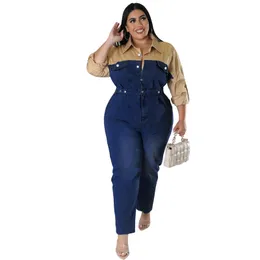 Frauen Plus Größe Overalls Kontrast Farbe Casual Langarm Denim Overall Einteilige Jean Overalls Strampler Overall Overall