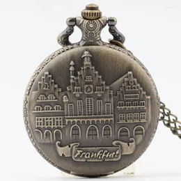 Pocket Watches & Fob Watch Bronze Buildings Design Quartz Necklace Pendant Chain Xmas Gift Relogio De Bolso