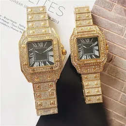 Out Bling Diamonds Ring Watches for Men Women Hip Hop Square Roman Dial Designer Mens Quartz Watch Stainless Steel Band W295K