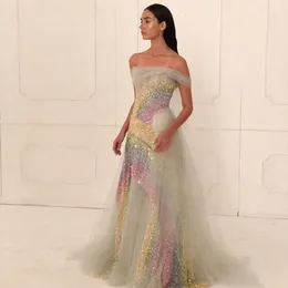 Partykleider Wunderschönes glitzerndes Off-The-Shoulder-Abschlussballkleid mit Regenbogen-Pailletten, geschichtetem, bauschigem Tüll, bodenlanges Festzugskleid, verfügbare Größen 230208