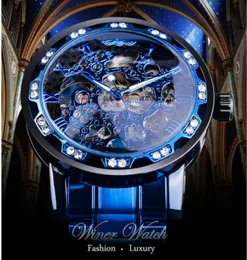 透明なダイヤモンドメカニカルウォッチブルーステンレススチールスケルトンウォッチトップブランドラグジュアリービジネスラミナス男性時計