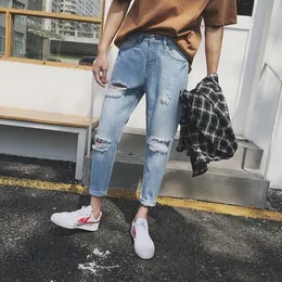 Männer Hosen Männlichen Bleistift Sommer Koreanische Version Loch Mode Verjüngt Jeans Teen Schlanke Männer Neunte HosenHerren