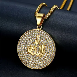 Naszyjniki wisiorek Hip Hop lodowany okrągły wisiorek Allah Naszyjnik ze stali nierdzewnej Islam Muzułmański arabski złoto kolor biżuterii Dropshipping G230206