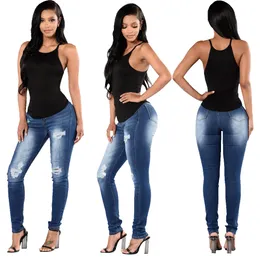 Jeans europei americani a vita alta con sollevamento dell'anca, pantaloni in denim da donna strappati sottili 6145