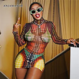 Платье из двух частей ANJAMANOR с 3D-принтом, сексуальный комплект из 2 предметов, клубная одежда, прозрачный сетчатый топ и мини-юбка Y2k Baddie Matching D96 CI19 230208