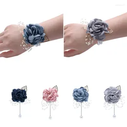 Decorative Flowers 1PC Bridesmaid Bracelet Wedding Corsage Polyester Ribbon Rose Pearl Bow Bridel Gifts Wrist
