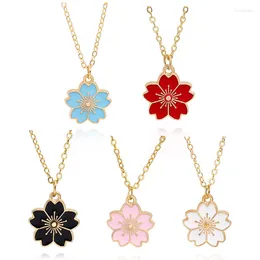 Chains Cherry Blossoms Necklace Red Pink Blue White Black Flower Alloy Chain Pendant Necklaces Jewellery Collier Femme