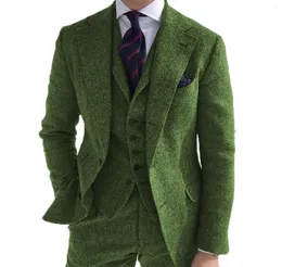 Men's Suits Mens Business 3 Pieces Green Wool Retro Classic Herringbone Pattern Groom Tweed Tuxedos For Wedding (Blazer Pants Vest)